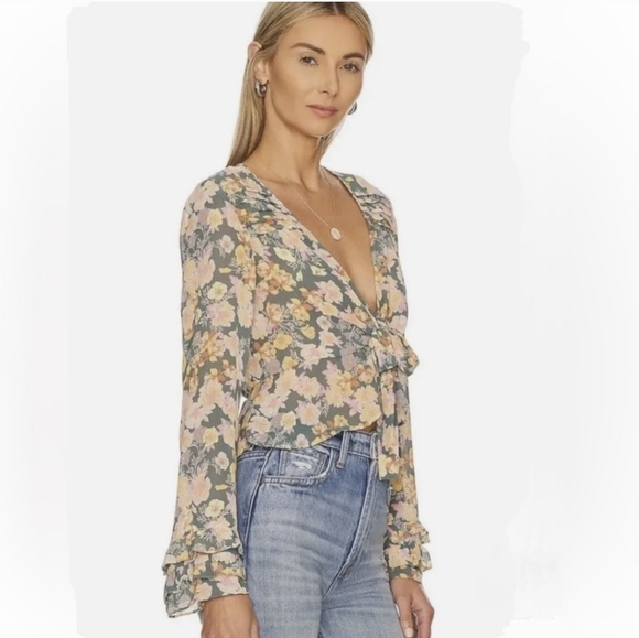 FREE PEOPLE x REVOLVE Maybel Happy Combo Ruffled Tie Front Chiffon Top NWT - Picture 3 of 13